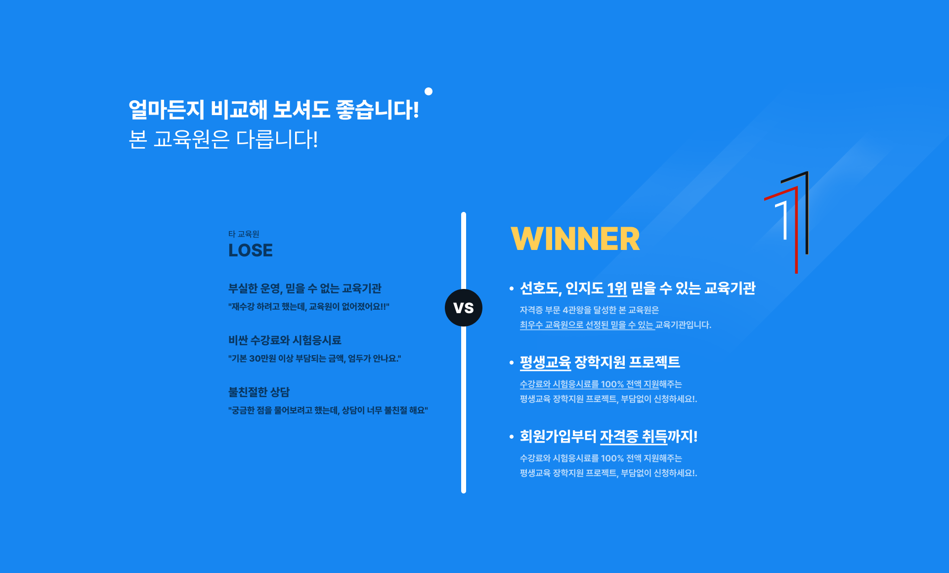 얼마든지 비교해 보셔도 좋습니다! 본 교육원은 다릅니다!